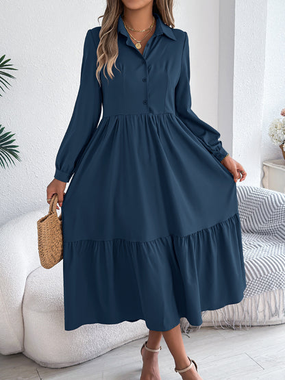 Collared Long Sleeve Tiered Shirt Dress