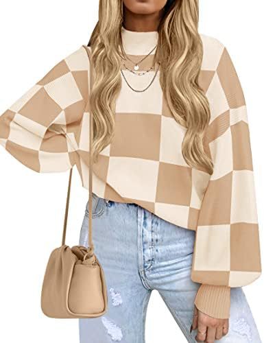 Women's Checkered Mock Neck Balloon Sleeve Sweater