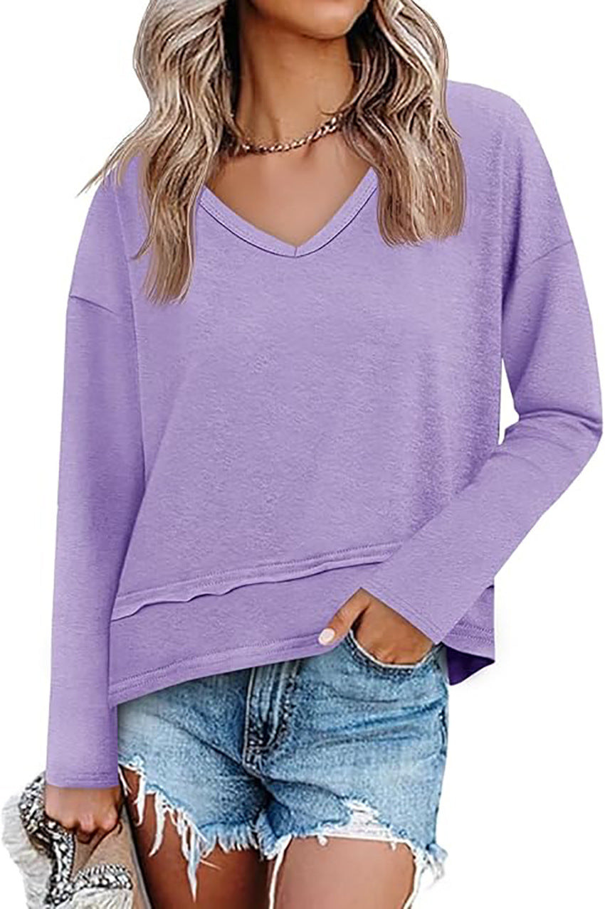 Women's V Neck Long Sleeve Casual Loose Pullover Top