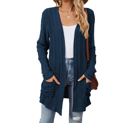 Women's Long Sleeve Ribbed Open Front Cardigan Pockets