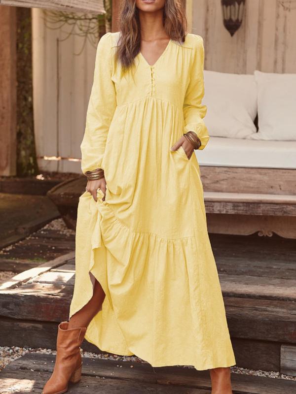 Women's Long Sleeve V-Neck Button Tiered Maxi Dress Pockets