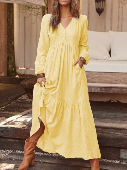 Women's Long Sleeve V-Neck Button Tiered Maxi Dress Pockets