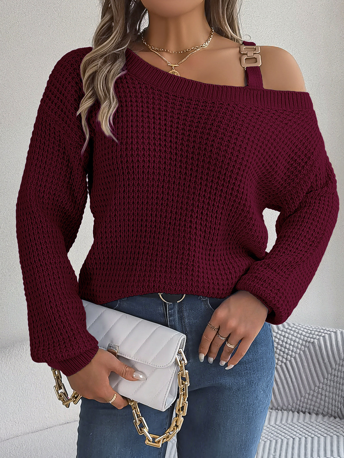 Women's Off Shoulder Buckle Balloon Sleeve Knit Sweater