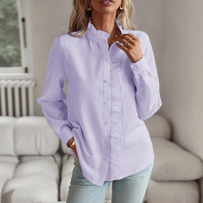 Women's Textured Ruffle Button Down Puff Sleeve Blouse