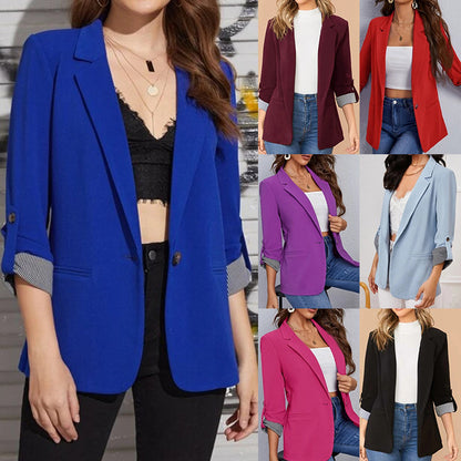 Women Casual Blazer Slim Fit 3/4 Sleeve Striped Cuff