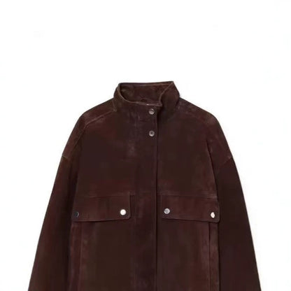 Women Vintage Brown Faux Suede Cropped Bomber Jacket