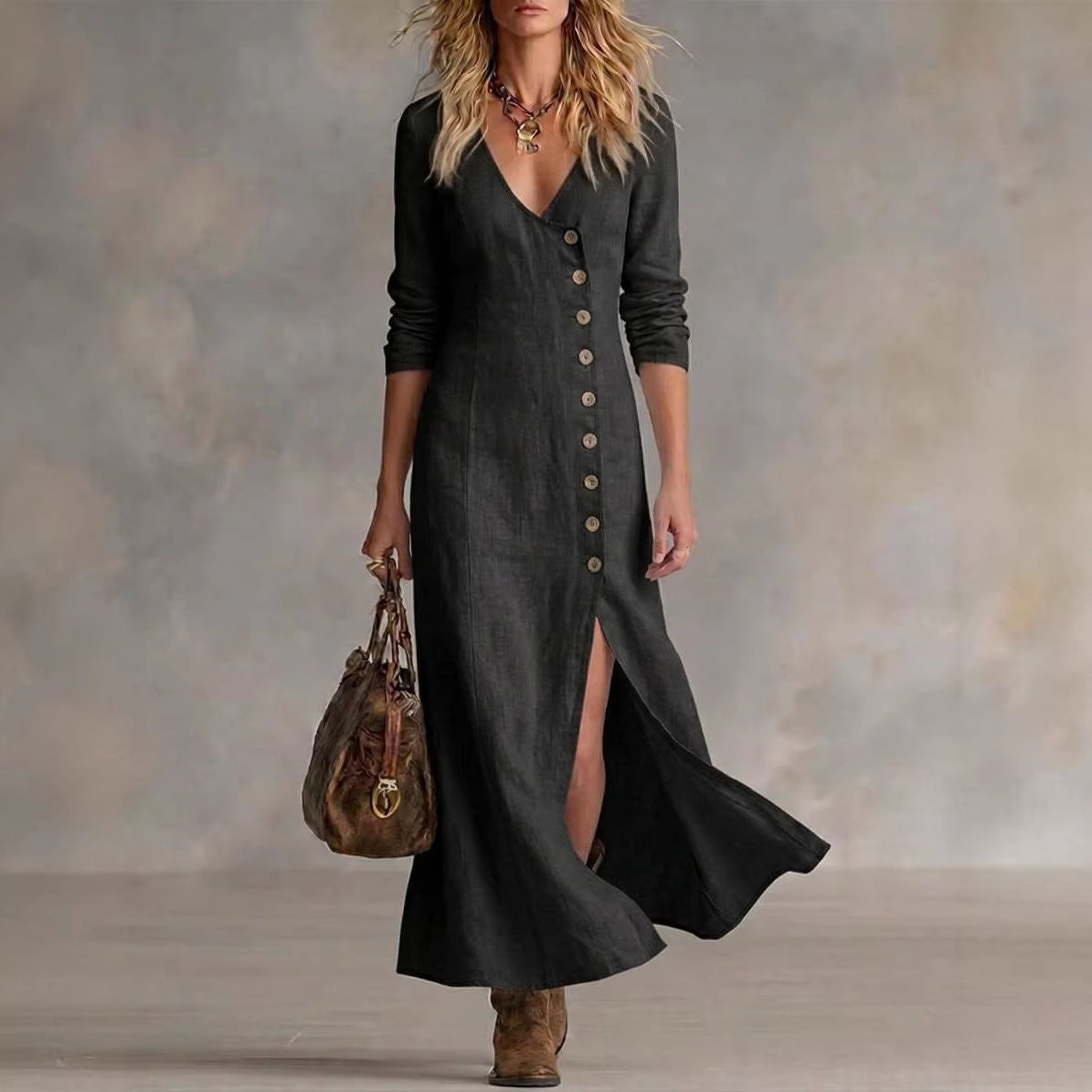 Women's Linen V-Neck Button Front Maxi Dress Slit