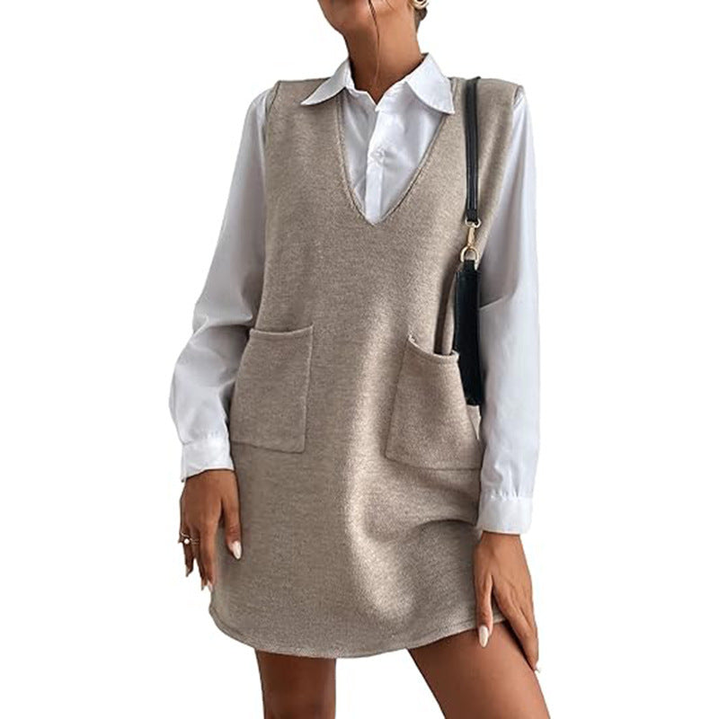 Women's Sleeveless Knit V-Neck Sweater Vest Dress