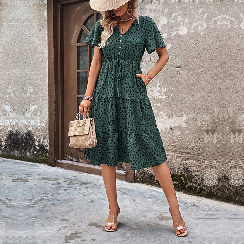 Leopard Print Tiered Midi Dress V Neck Summer Vacation Dress