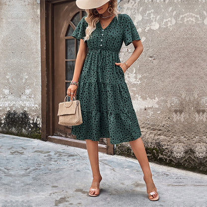 Leopard Print Tiered Midi Dress V Neck Summer Vacation Dress