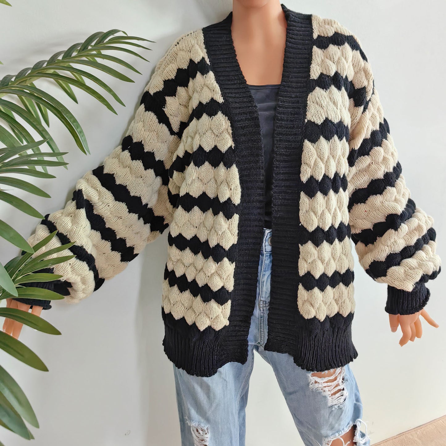 Women's Three-dimensional Contrasting Color Splicing Striped Cardigan Sweater