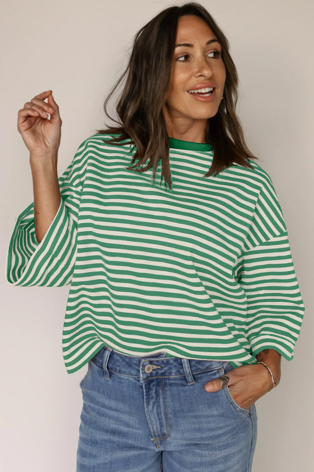 Blue Striped Knit Back Bow Open Back Top Women