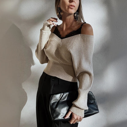 Women's Ribbed Bardot Crop Top Long Sleeve Fitted