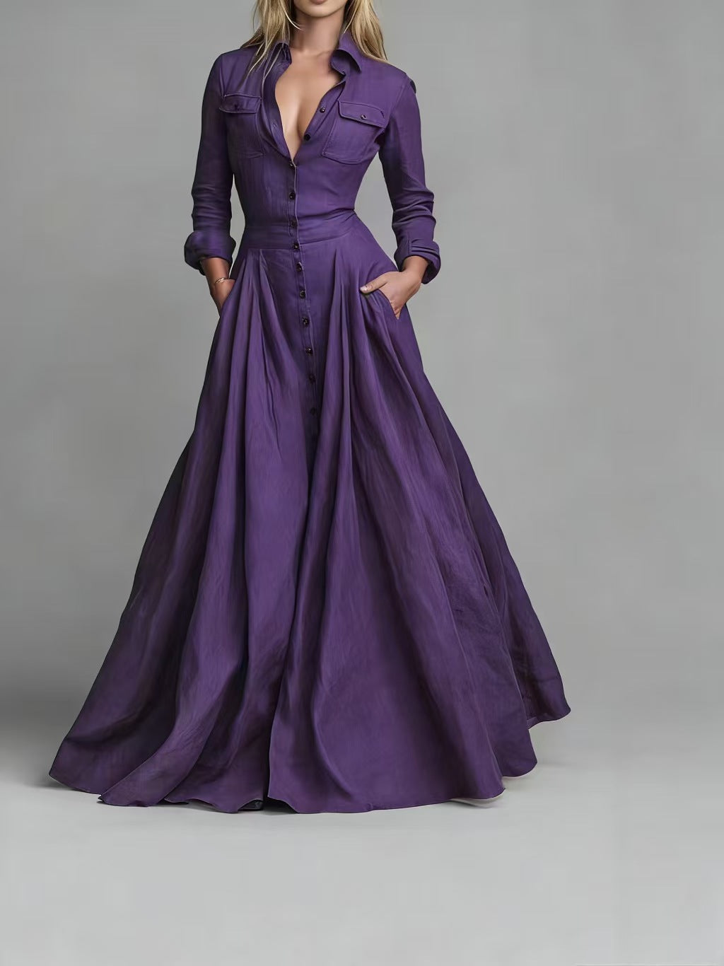 Women's Long Sleeve Collared Maxi Dress A-Line with Pockets