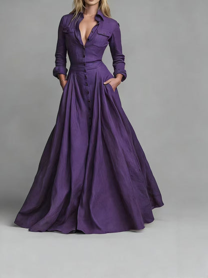 Women's Long Sleeve Collared Maxi Dress A-Line with Pockets