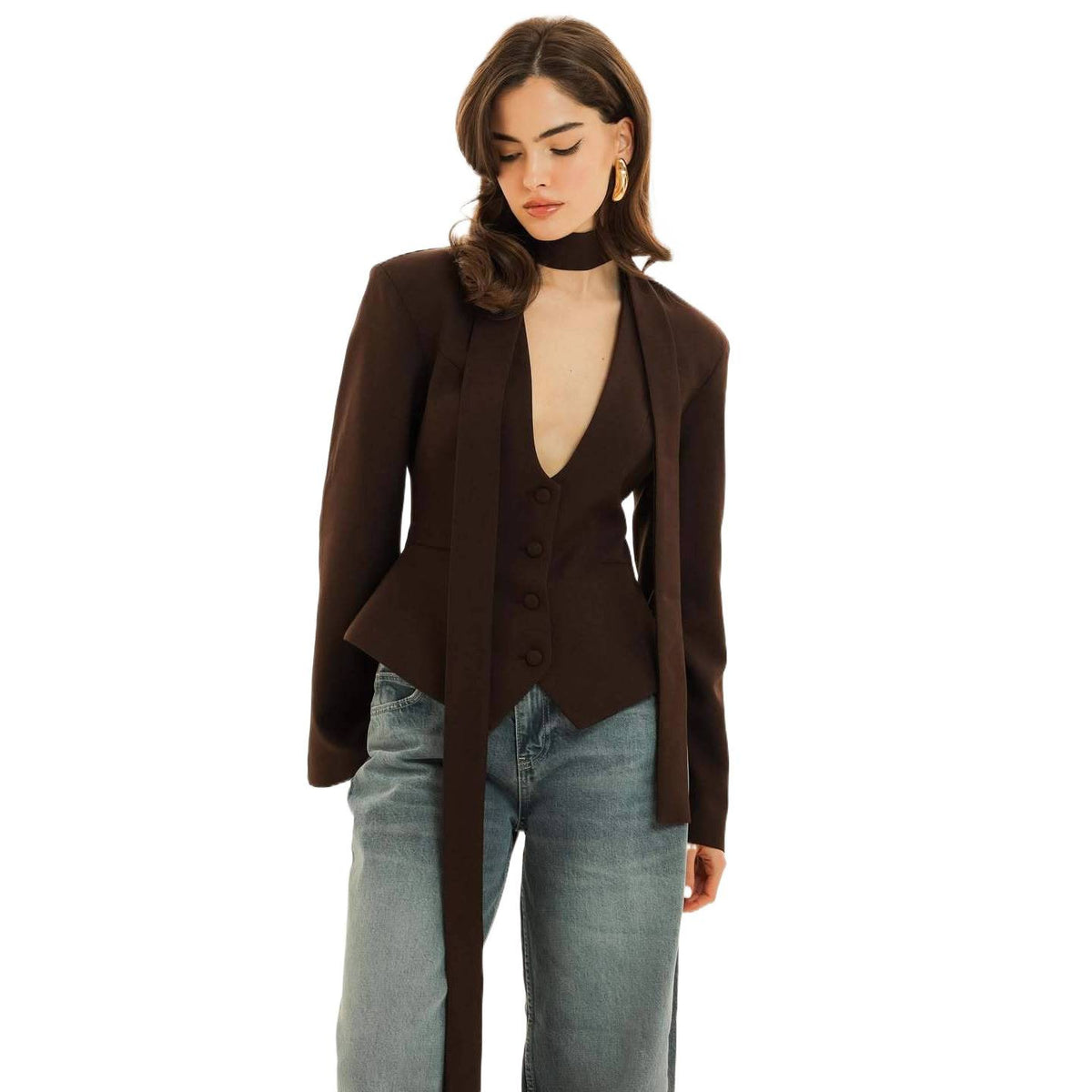 Women's V-Neck Fitted Long Sleeve Tie Blazer