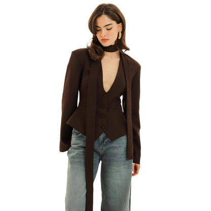 Women's V-Neck Fitted Long Sleeve Tie Blazer