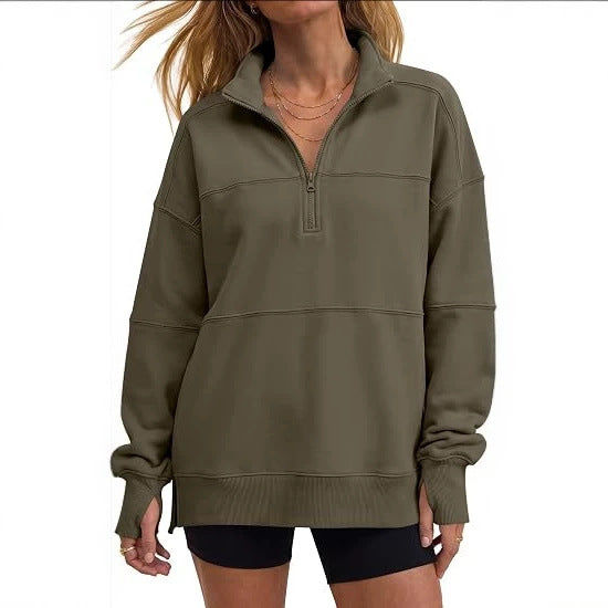 Oversized Half Zip Fleece Sweatshirt Side Slit
