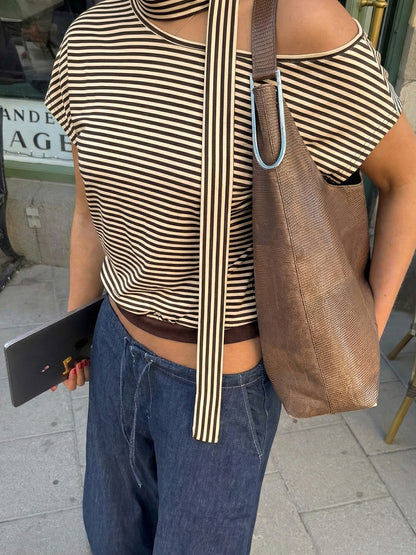 Striped One Shoulder Choker Neck Tee Casual Summer Top