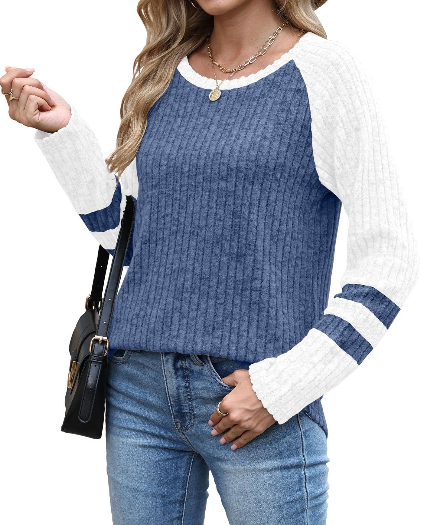 Colorblock Ribbed Knit Sweater Women Casual Pullover Top
