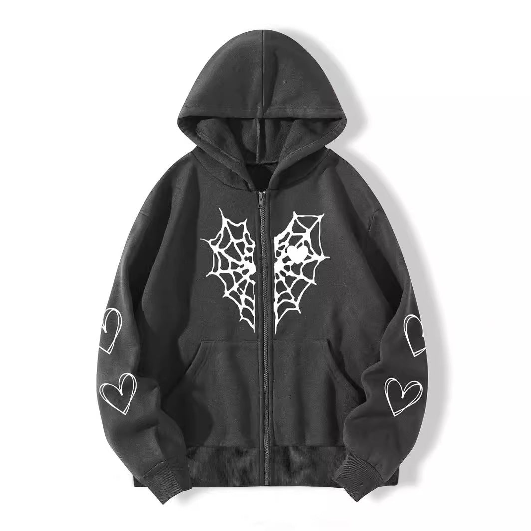 Women's Gothic Spider Web Heart Print Zip Up Hoodie