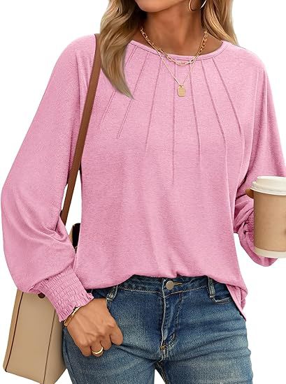 Women's Pleated Crewneck Balloon Sleeve Oversized Top