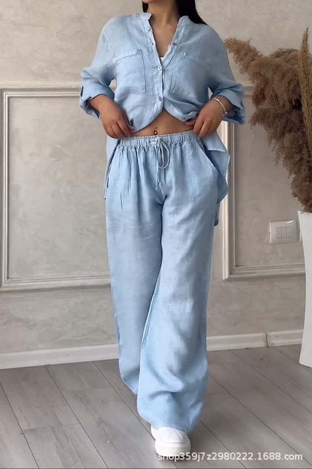 Women's Linen Shirt and Wide Leg Pants Matching Set