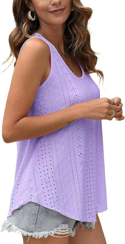 Eyelet Knit Tank Top Sleeveless Loose Fit Summer Top