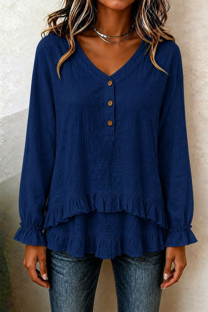 Women's V Neck Ruffle Long Sleeve Tiered Blouse