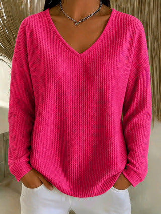 Women's Waffle Knit V Neck Long Sleeve Oversized Top