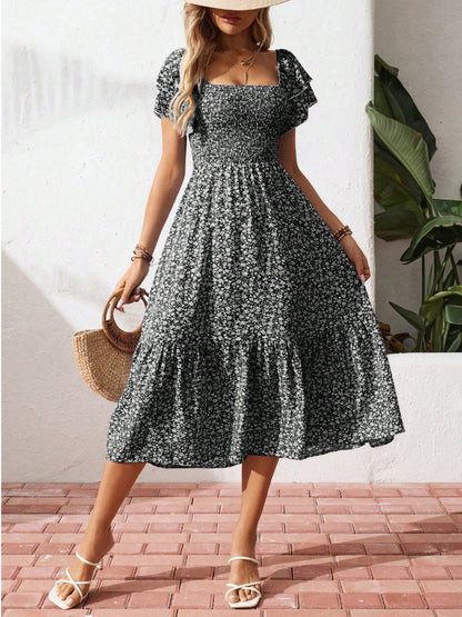 Floral Smocked Square Neck Midi Dress Ruffle Sleeve