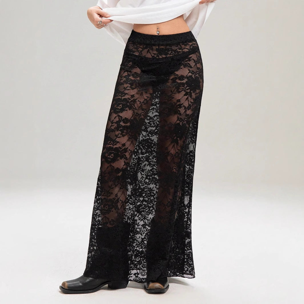 Black Lace High Waist Skirt A-Line Streetwear Trendy Women