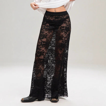 Black Lace High Waist Skirt A-Line Streetwear Trendy Women