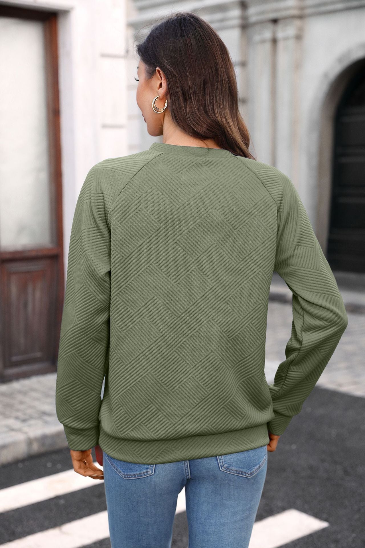 Quilted V Neck Sweatshirt Textured Loose Pullover