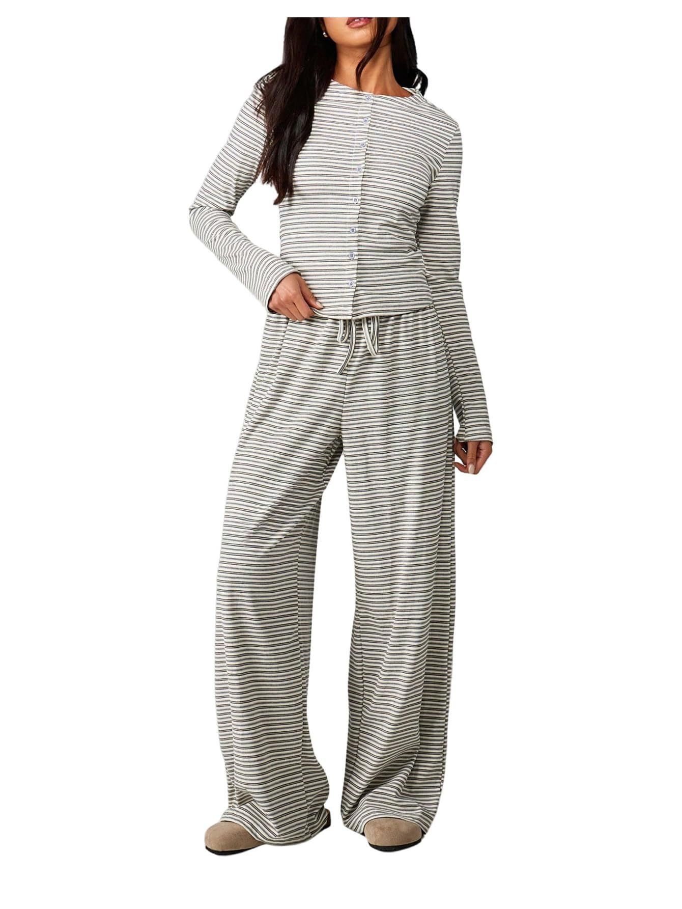 Striped Long Sleeve Top & Wide Leg Pants Two Piece Set