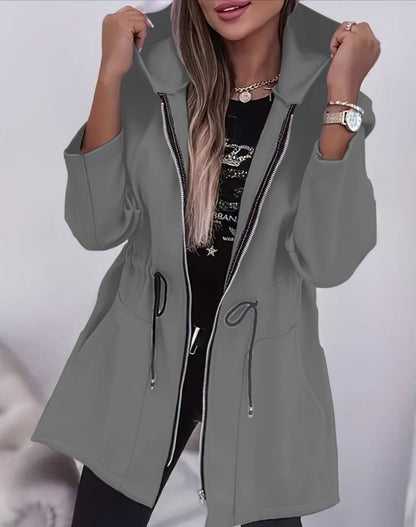 Women's Hooded Drawstring Waist Zip-Up Mid Length Jacket