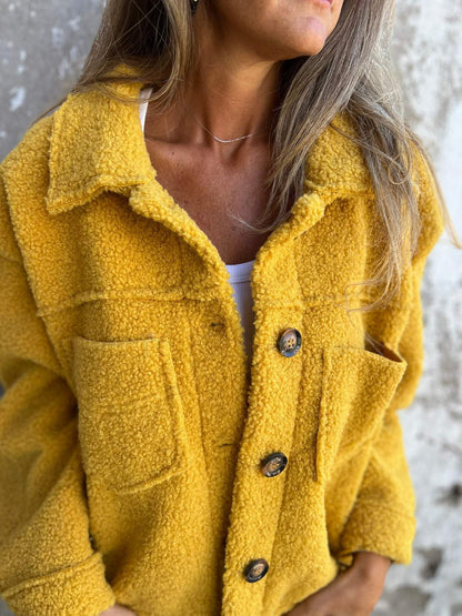 Women's Sherpa Fleece Button Jacket Collared Cozy Coat