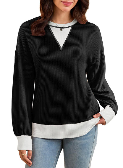 Colorblock Ribbed Sweatshirt Women Casual V Neck Pullover