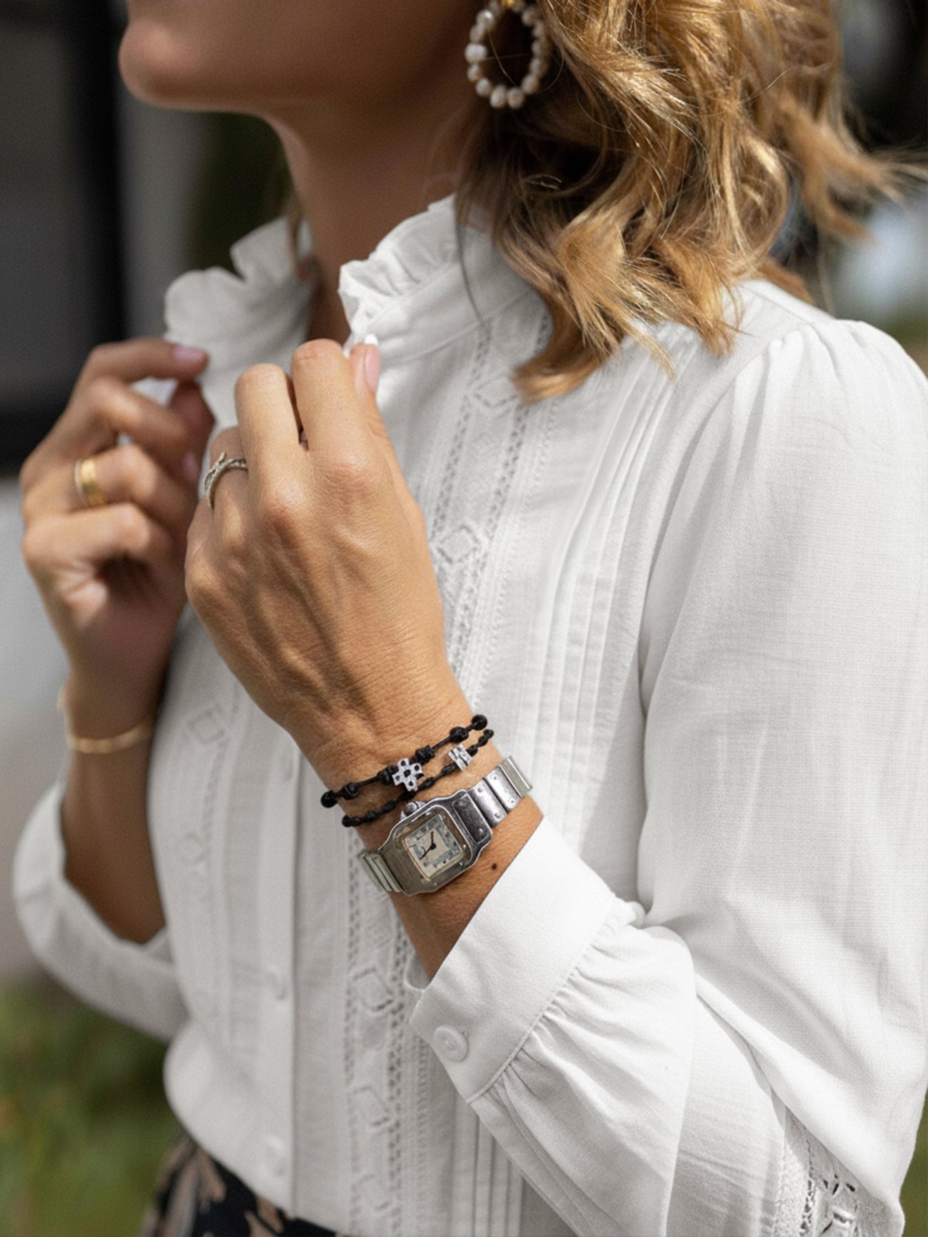 Vintage Lace Trim Ruffle Neck Button Front Blouse