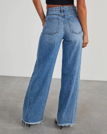 Women's Baggy Wide Leg Jeans Frayed Hem Mid-Rise