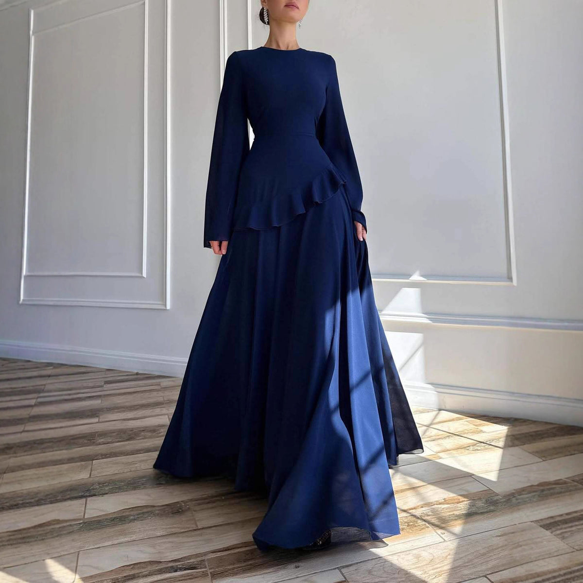 Elegant Bell Sleeve Ruffle Bodycon Maxi Dress