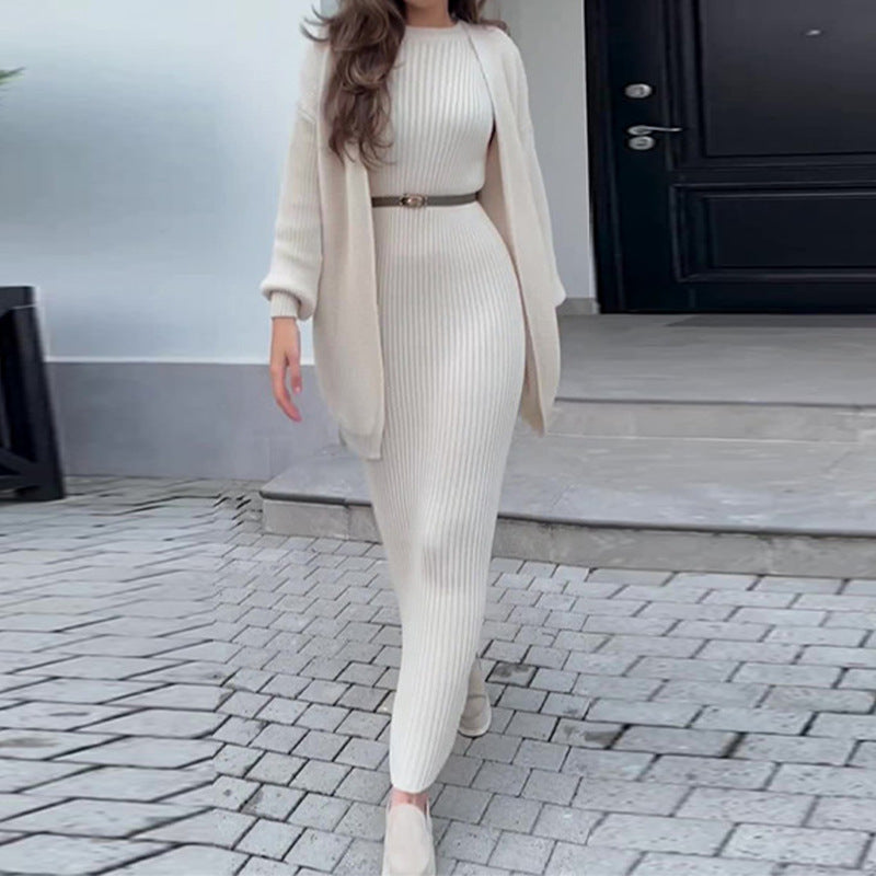 Women's Ribbed Knit Maxi Dress & Cardigan Belted Set