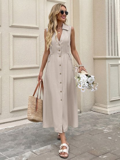 Linen Look Midi Dress Button Front Sleeveless Shirt