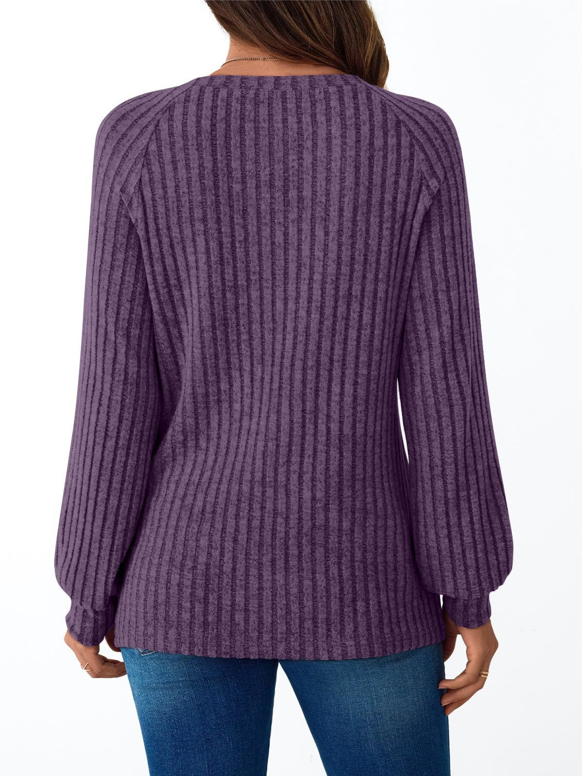Ribbed Knit Crewneck Sweatshirt with Button Detail