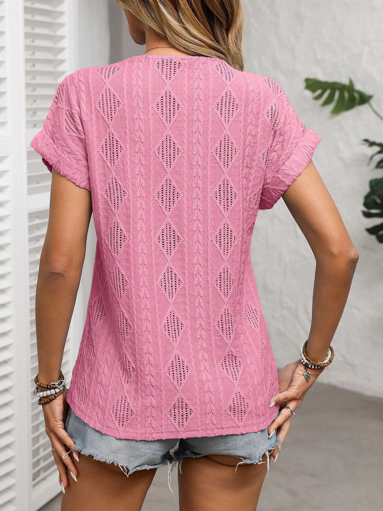 Women's V-Neck Short Sleeve Knit Top with Buttons