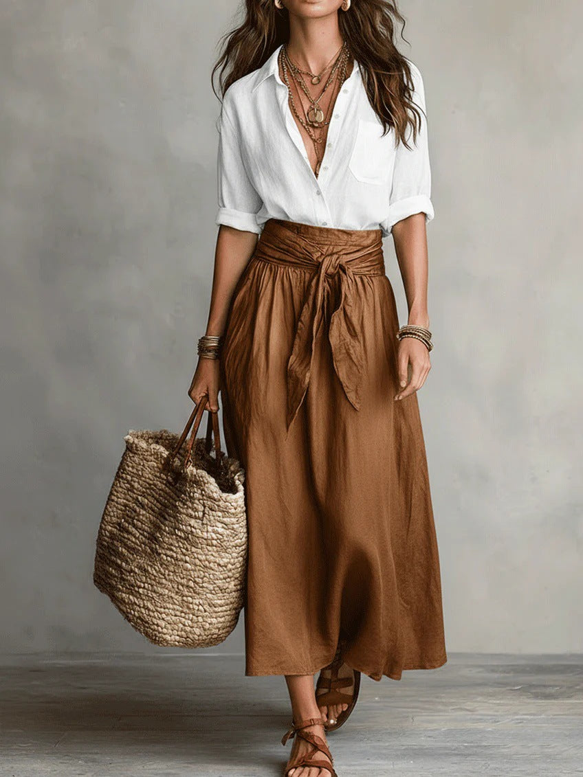 Women's Color Block Shirt & Skirt Two Piece Set