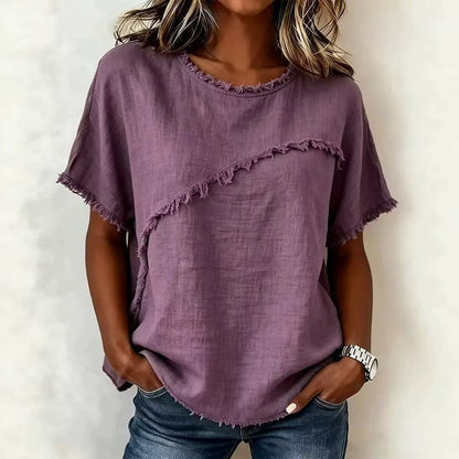 Frayed Edge Linen Blend Top Round Neck Short Sleeve Casual