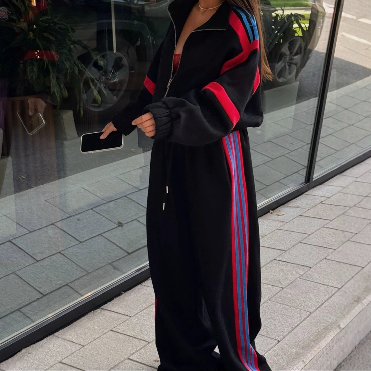 Striped Crop Jacket Wide Leg Pants Two Piece Lounge Set