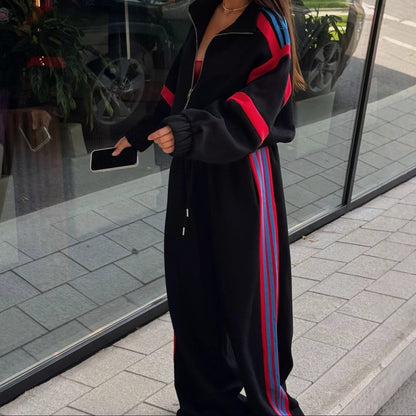 Striped Crop Jacket Wide Leg Pants Two Piece Lounge Set