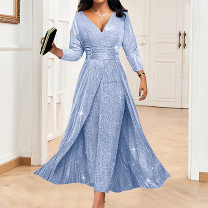 Sequin V-Neck Long Sleeve Maxi Evening Dress